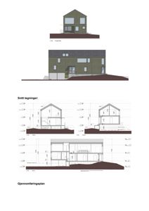 Bildet viser en samling snittegninger (Snitt A, B og C) av et hus, samt fasadeopprikk ovenfor.