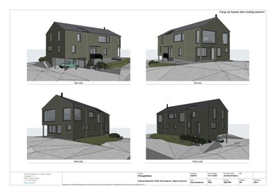Bildet viser fire perspektivtegninger (renderinger) av en planlagt bygning sett fra ulike vinkler (Sør-vest, Sør-øst, Nord-øst, Nord-vest).