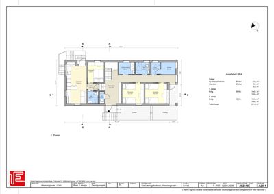 Etasjeplan for 1. etasje av en bolig med romfordeling, dimensjoner og arealoppdeling.