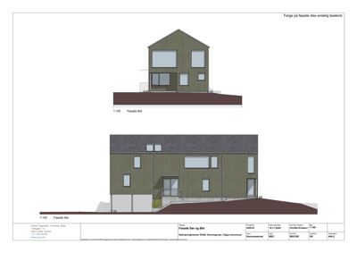 Fasadetegning som viser bygningens utseende fra to vinkler (Øst og Sør) med vindusoppsett, takform og grunnplan.