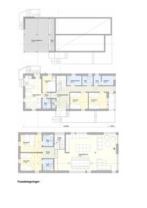 Bildet viser tre etasjeplaner for en bolig med romnavn og arealer, samt en overskrift som nevner fasadetegninger.