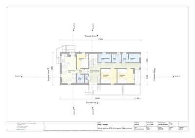 Etasjeplan (Plan 1. etasje) som viser romfordeling, dimensjoner og orientering for en bolig.