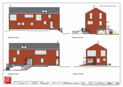 Fasadetegning som viser bygningens utseende fra fire sider: Nord, Vest, Sør og Øst.