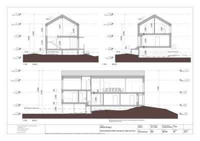 Snittegning (Snitt A, B og C) som viser tverrsnittet av en bygning med høydeopplysninger, takform og grunnforhold.