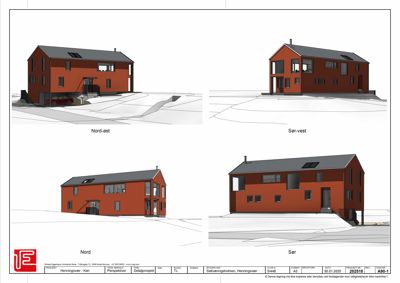 Bildet viser fire perspektivtegninger (renderinger) av en planlagt bygning sett fra ulike vinkler (Nord-øst, Sør-vest, Nord, Sør).
