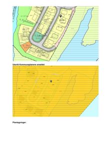 Bildet viser to kartutsnitt (situasjonsplaner) som illustrerer tomtegrenser, arealbruk og kommunale planområder for en byggeplass.
