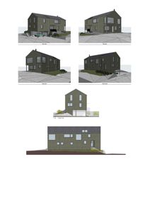 Bildet viser en samling fasadetegninger (opprikk) av et hus sett fra ulike vinkler, inkludert 3D-visualiseringer og to dimensjonale tegninger.