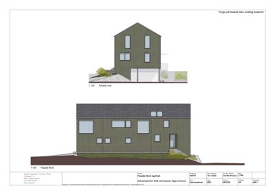 Fasadetegning som viser bygningens utseende fra nord og vest med fargeindikasjoner.
