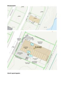 Bildet viser to situasjonsplaner (en overordnet og en detaljert) som illustrerer bygningens plassering på tomten, grenser til nabotomter, parkeringsplasser, terrasser og trapper.