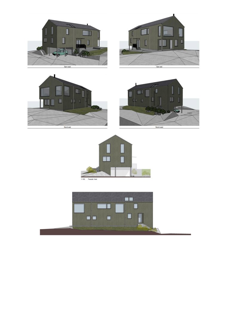 En samling av 3D-visualiseringer (renderinger) av en planlagt bolig, vist fra ulike vinkler (Sør, Vest, Nord, Øst) samt fasade- og snittutsnitt.