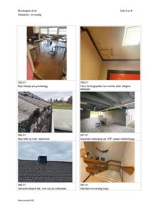 En samling fotografier fra en byggesak som viser skade og slitasje på Øvrebygda skule, inkludert gulv, tak og trapper.