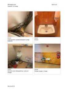 En samling av fire fotografier fra en byggesak for Øvrebygda skule, som viser ledningsnett, armatur, vaskerom og et manglende overlapp.