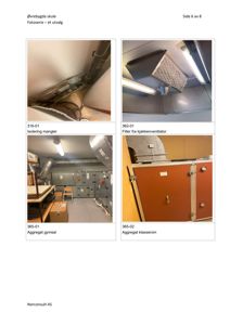 En samling av fire fotografier som viser tekniske installasjoner og rom i en skole, inkludert ventilasjon og aggregat.