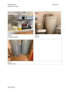 Fotodokumentasjon fra en byggesak som viser utstyr i en skole, inkludert manglende vannbeholder og beredere.