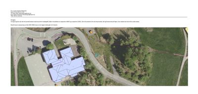 Flyfoto eller kart med overlagte bygningsskisser og grenser