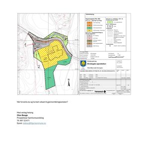 Situasjonsplan som viser tomtens form, grenser, og plassering av bygningene (merket 1 og 2) i forhold til omgivelsene.