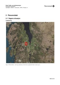 Flyfoto eller satellittbilde av et planområde med en markert lokalisering (rød ring).