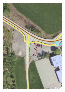 Situasjonsplan eller grensejustering over en tomt med vei, parkeringsplass og bygning.