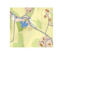 Situasjonsplan som viser bygningens plassering i forhold til terrenget, veier og nabolag.