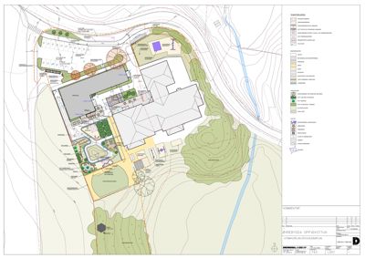 Situasjonsplan som viser bygningens plassering på tomten, terrengforhold, veier og omgivelser.