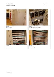 Fotodokumentasjon av elektrisk utstyr i skolebygningen, inkludert hovedfordeling og sikringsskuffer.