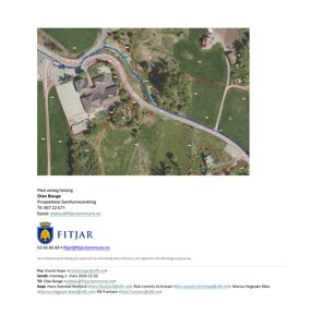 Bildet viser et flyfoto eller et kart over et område med eiendomsgrenser og bygninger markert. Det er en del av en e-post med kommunal korrespondanse.