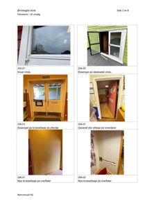 En samling fotografier av en eksisterende bygning, inkludert vinduer, dører og overflater, med beskrivende tekster under hver bilde.