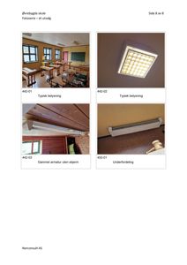 En samling av fire fotografier som viser interiøret i Øvrebygda skule, inkludert klasserom, belysning og varmelegemer.