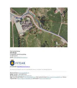 Bildet viser et flyfoto eller et kart over et område med en bygning, omgitt av vegetasjon og veier. Det er tegnet på med røde og blå linjer, sannsynligvis for å markere grenser eller planer.