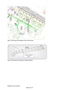 Tekniske tegninger som viser kabelforlegging og snittmerking i et anlegg.