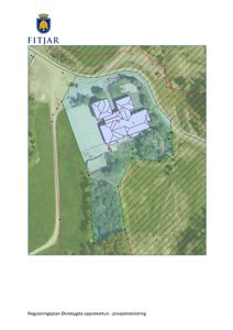 Reguleringsplan med prosjektskilring som viser bygningsplassering og arealbruk på tomten.