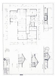Bildet viser en tegning med etasjeplan (romfordeling) for en bolig, samt mindre fasade- og snittutsnitt.