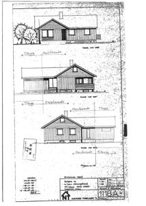 Fasadetegning som viser tre ulike sider av en bygning (vest, sør og nord) med angivelse av eksisterende og tilbygg.