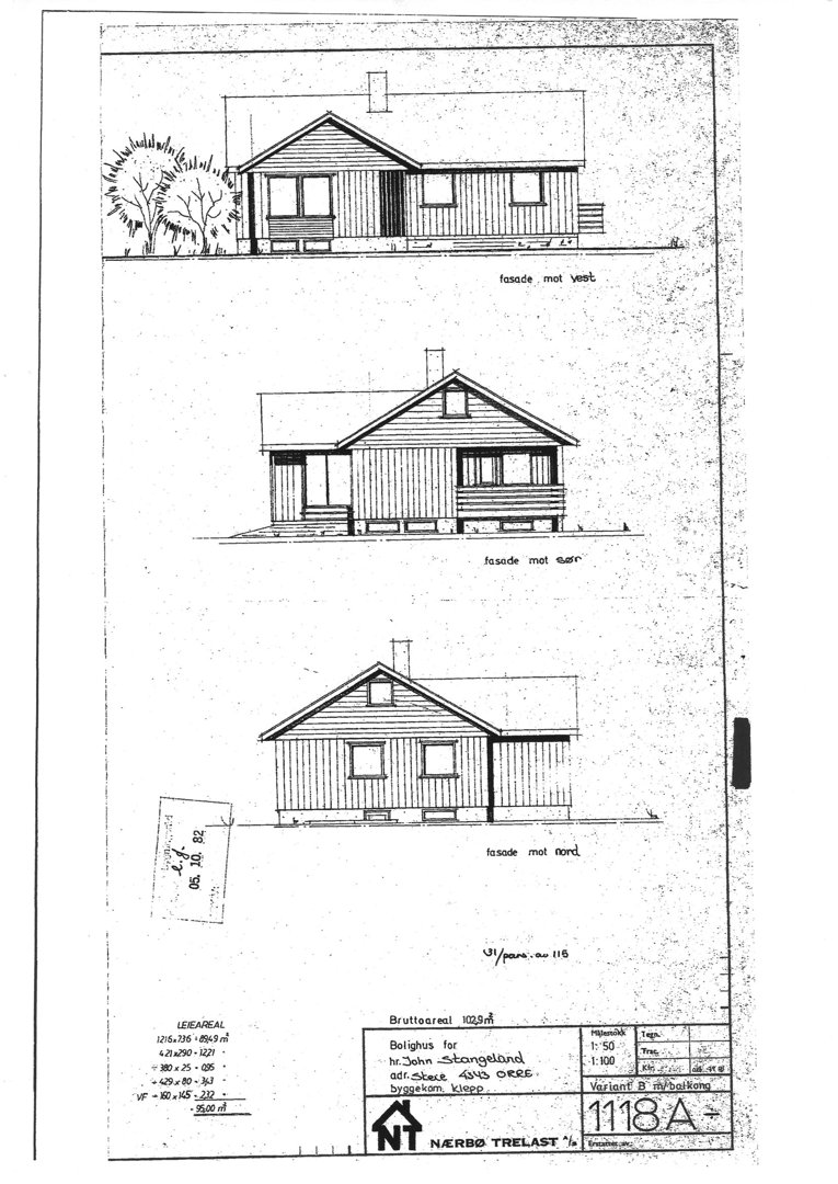 Fasadetegning som viser tre utsnitt av en hytte sett fra ulike sider (vest, øst og nord).