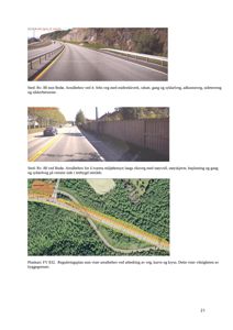 Bildet viser en samling av tre fotografier av veier (Rv 80) og en reguleringsplan (FV 832) med tilhørende tekstbeskrivelser om arealbehov for vegutbedring.