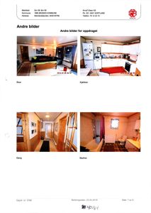 Et dokument som viser fire foton av en boliginteriør (stue, kjøkken, gang og bad), inkludert overskrift 'Andre bilder' og adressedetaljer.