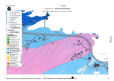 Kart over løsmasser og marin grense for et område ved Sandtrane, med detaljert fargekoding for ulike løsmassearter og tykkelse.