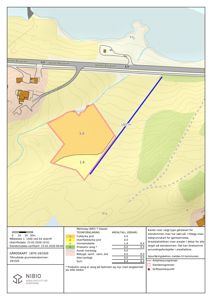Gårdsplan (GK) som viser eiendomsgranser, arealstatistikk og kartlag for en eiendom.