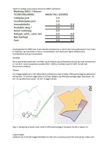 Et dokument som viser en arealrapport og to kartfigurer (Figur 1) som illustrerer eiendomsareal, markslag og beregnet berørt areal for en byggesak.