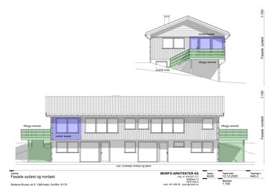 Bildet viser fasadetegninger av en bolig, inkludert en nordøst-fasade og en sydøst-fasade med detaljer om endringer.