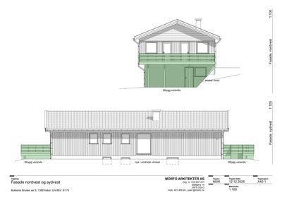 Arkitektonisk tegning som viser fasaden av en bygning sett fra nordvest og sydvest.