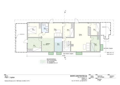 Etasjeplan for kjelleretasje som viser romfordeling, arealer og bruksendringer.