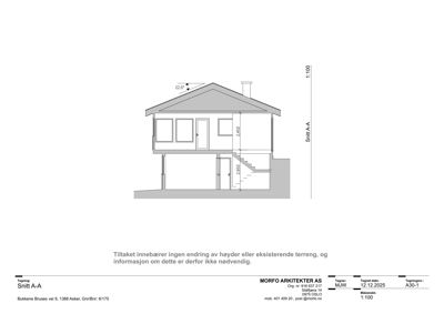 Snittegning (Snitt A-A) av en bolig som viser høyder og etasjer.