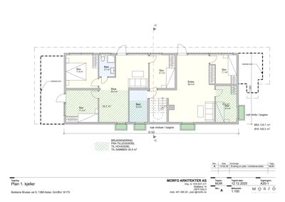Etasjeplan (kjeller) som viser romfordeling, arealer og bruksendringer.