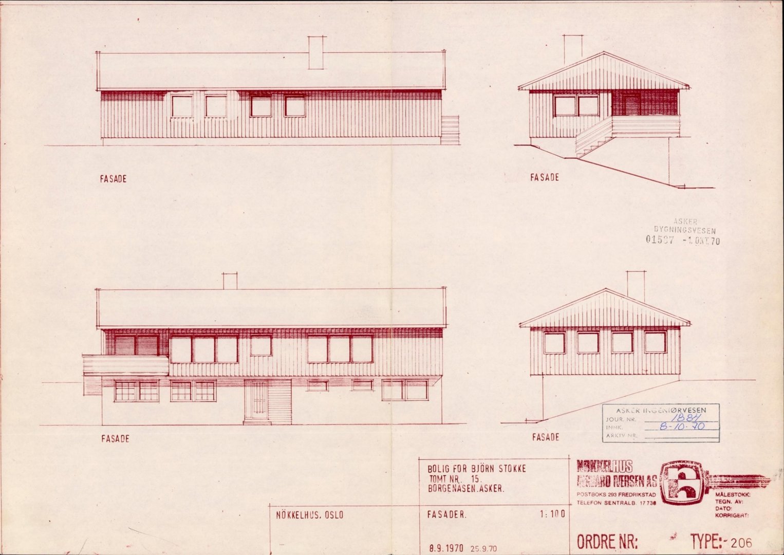 Bildet viser fire fasadetegninger av en bolig, inkludert front- og sideutsikter.