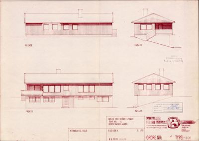 Bildet viser fire fasadetegninger av en bolig, inkludert front- og sideutsikter.
