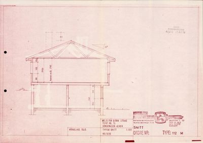 Snittegning som viser tverrsnittet av en bygning, inkludert takkonstruksjon og grunnmur.