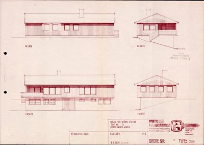 Bildet viser fire fasadetegninger av en bolig, med teksten 'FASADE' under hver tegning.