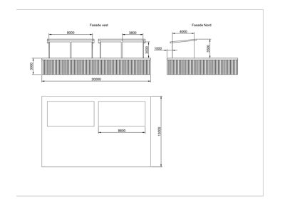 Fasadetegning som viser utsiden av bygningen sett fra vest og nord, med mål og detaljer.