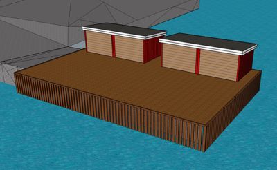 3D-visualisering av en planlagt bygning eller utvidelse på en plattform over vann.